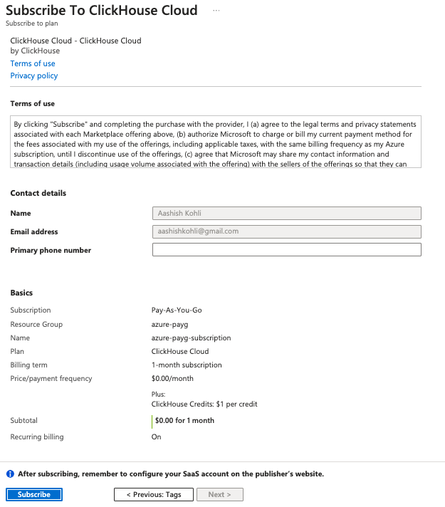 ClickHouse Cloud 가입 정보 양식